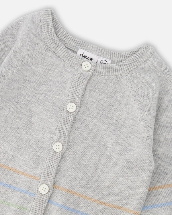 Cardigan boutonné rayé en tricot de coton gris chiné
