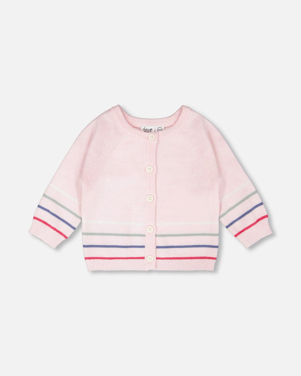 Cardigan boutonné avec rayures en tricot de coton rose pâle