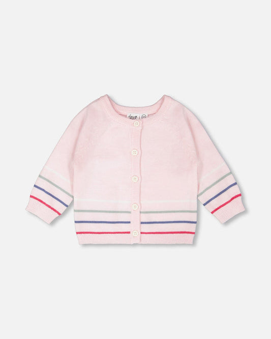 Cardigan boutonné avec rayures en tricot de coton rose pâle