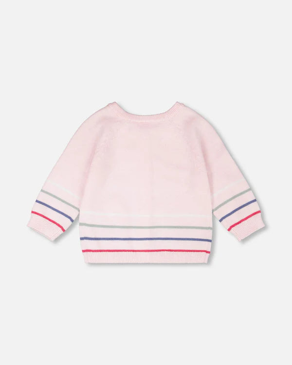 Cardigan boutonné avec rayures en tricot de coton rose pâle