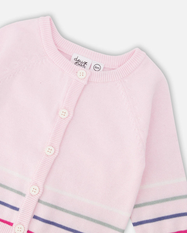 Cardigan boutonné avec rayures en tricot de coton rose pâle