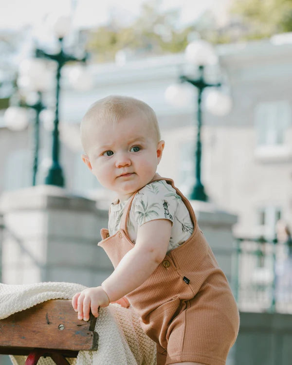 Ensemble cache-couche en jersey de coton biologique et salopette courte en coton côtelé beige imprimé zèbres et caramel