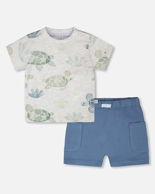 Ensemble t-shirt en jersey et short en coton biologique gris chiné imprimé tortues et bleu moyen