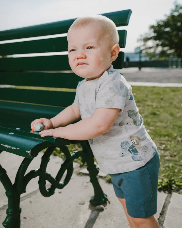 Ensemble t-shirt en jersey et short en coton biologique gris chiné imprimé tortues et bleu moyen