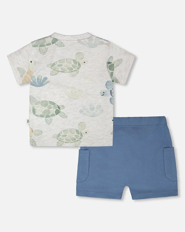 Ensemble t-shirt en jersey et short en coton biologique gris chiné imprimé tortues et bleu moyen