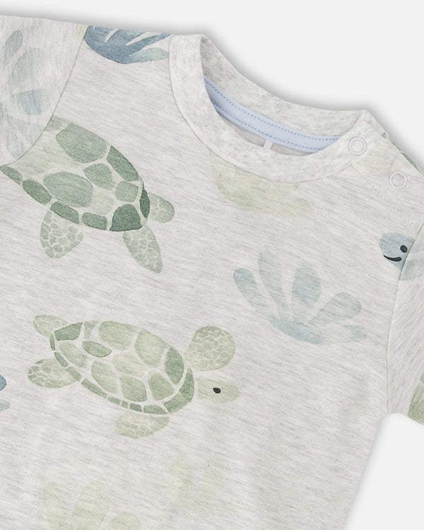 Ensemble t-shirt en jersey et short en coton biologique gris chiné imprimé tortues et bleu moyen