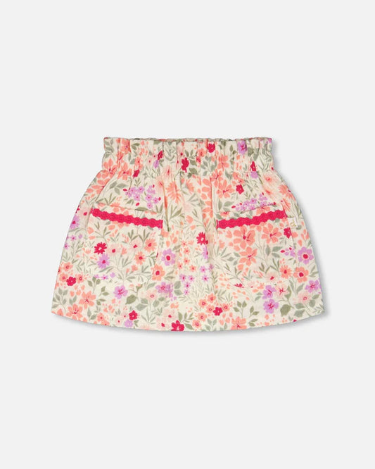 Jupe-culotte en mousseline beige imprimé de fleurs