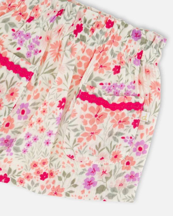 Jupe-culotte en mousseline beige imprimé de fleurs