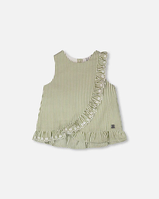 Camisole à rayures vertes et blanc cassé avec volant brodé