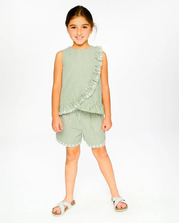 Camisole à rayures vertes et blanc cassé avec volant brodé