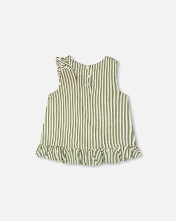 Camisole à rayures vertes et blanc cassé avec volant brodé