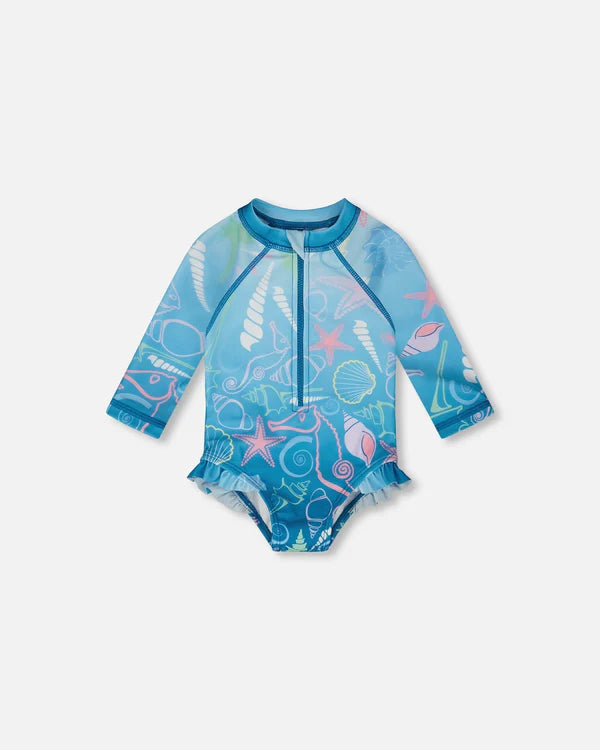 Rashguard à manches longues une-pièce bleu imprimé coquillages pour bébé et fillette