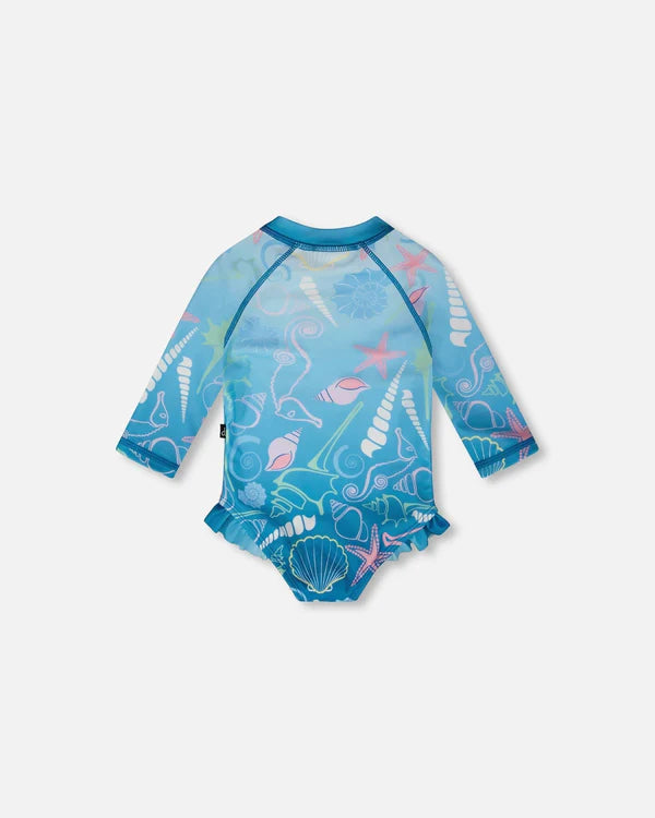 Rashguard à manches longues une-pièce bleu imprimé coquillages pour bébé et fillette