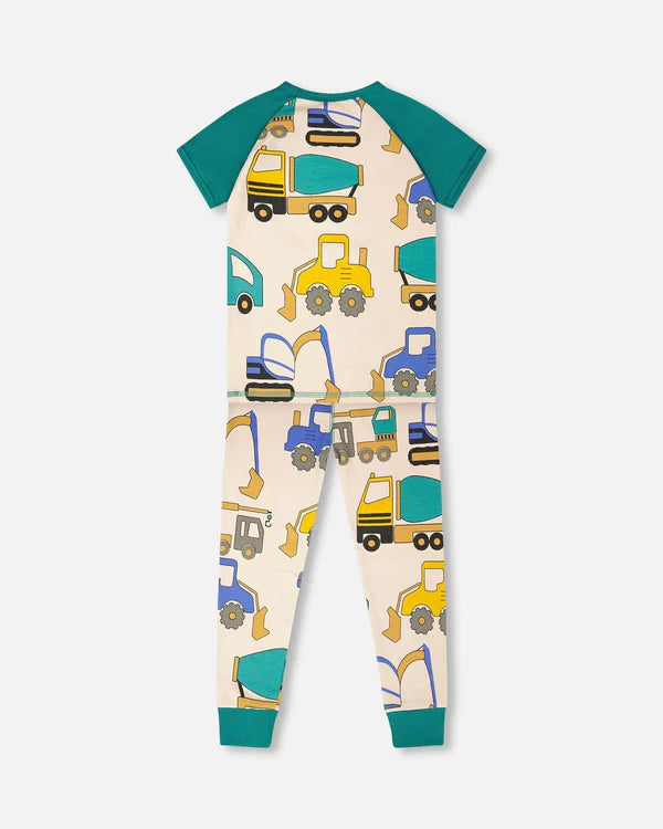 Ensemble pyjama deux-pièces en coton biologique beige imprimé camions