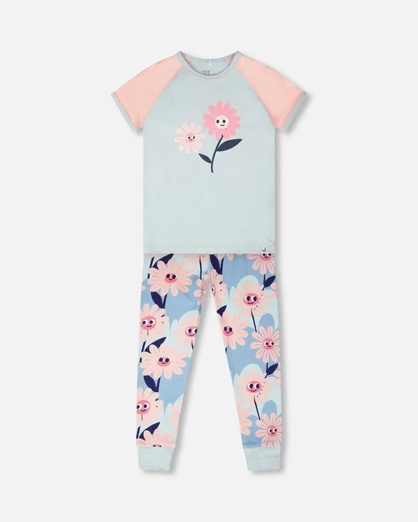 Ensemble pyjama deux-pièces en coton biologique bleu imprimé fleurs souriantes
