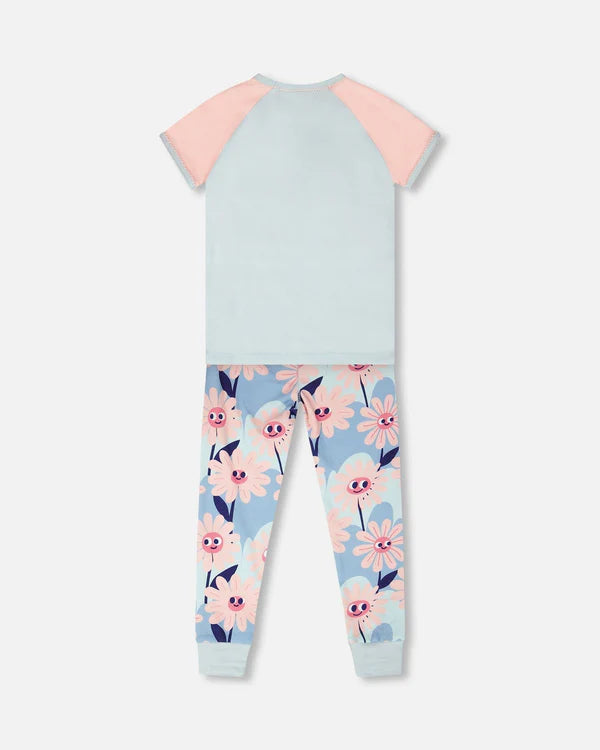 Ensemble pyjama deux-pièces en coton biologique bleu imprimé fleurs souriantes