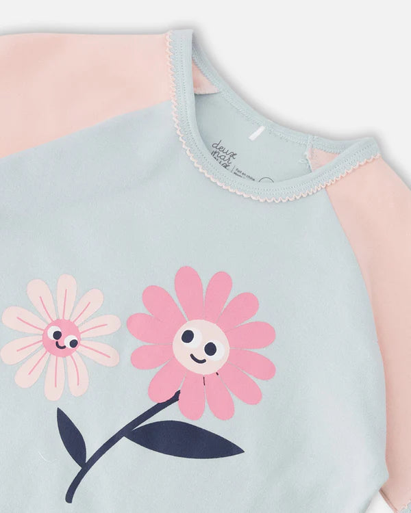 Ensemble pyjama deux-pièces en coton biologique bleu imprimé fleurs souriantes
