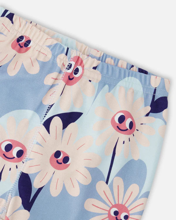 Ensemble pyjama deux-pièces en coton biologique bleu imprimé fleurs souriantes
