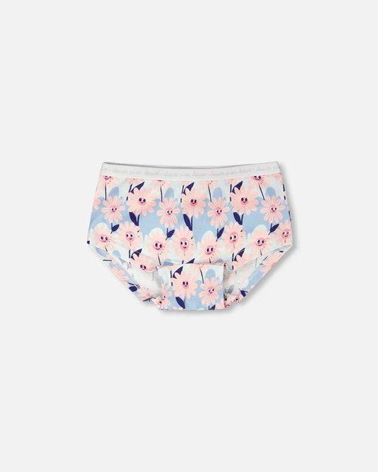 Culotte garçonne en coton biologique bleu imprimé fleurs souriantes