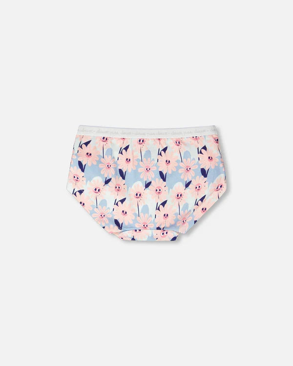 Culotte garçonne en coton biologique bleu imprimé fleurs souriantes