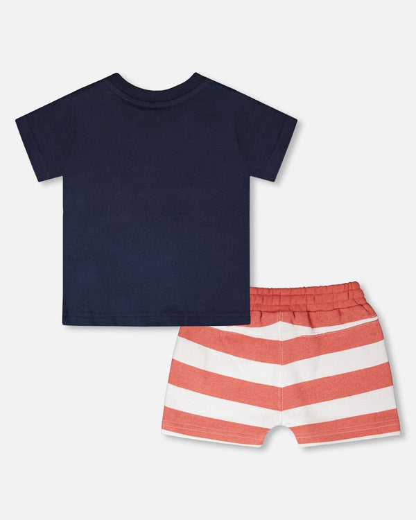 Ensemble t-shirt et short en coton biologique bleu et rayures brique