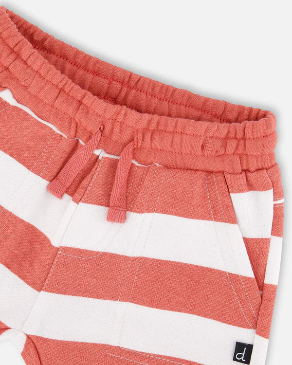 Ensemble t-shirt et short en coton biologique bleu et rayures brique