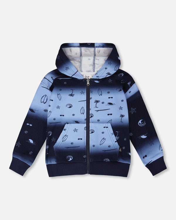 Cardigan à capuchon en molleton dégradé bleu