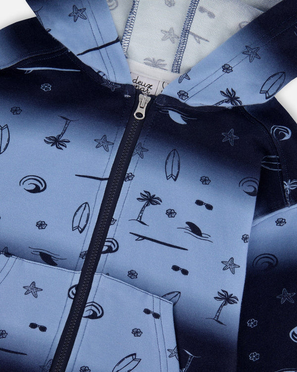 Cardigan à capuchon en molleton dégradé bleu