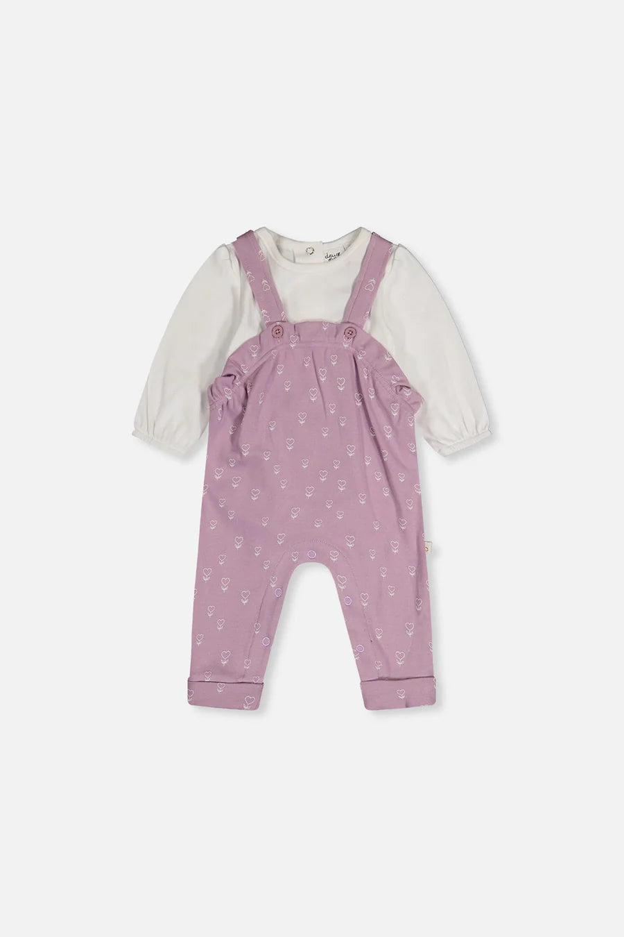 Ensemble cache-couche et salopette violet imprimé fleurs en coton biologique