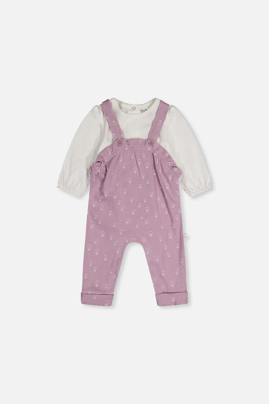 Ensemble cache-couche et salopette violet imprimé fleurs en coton biologique