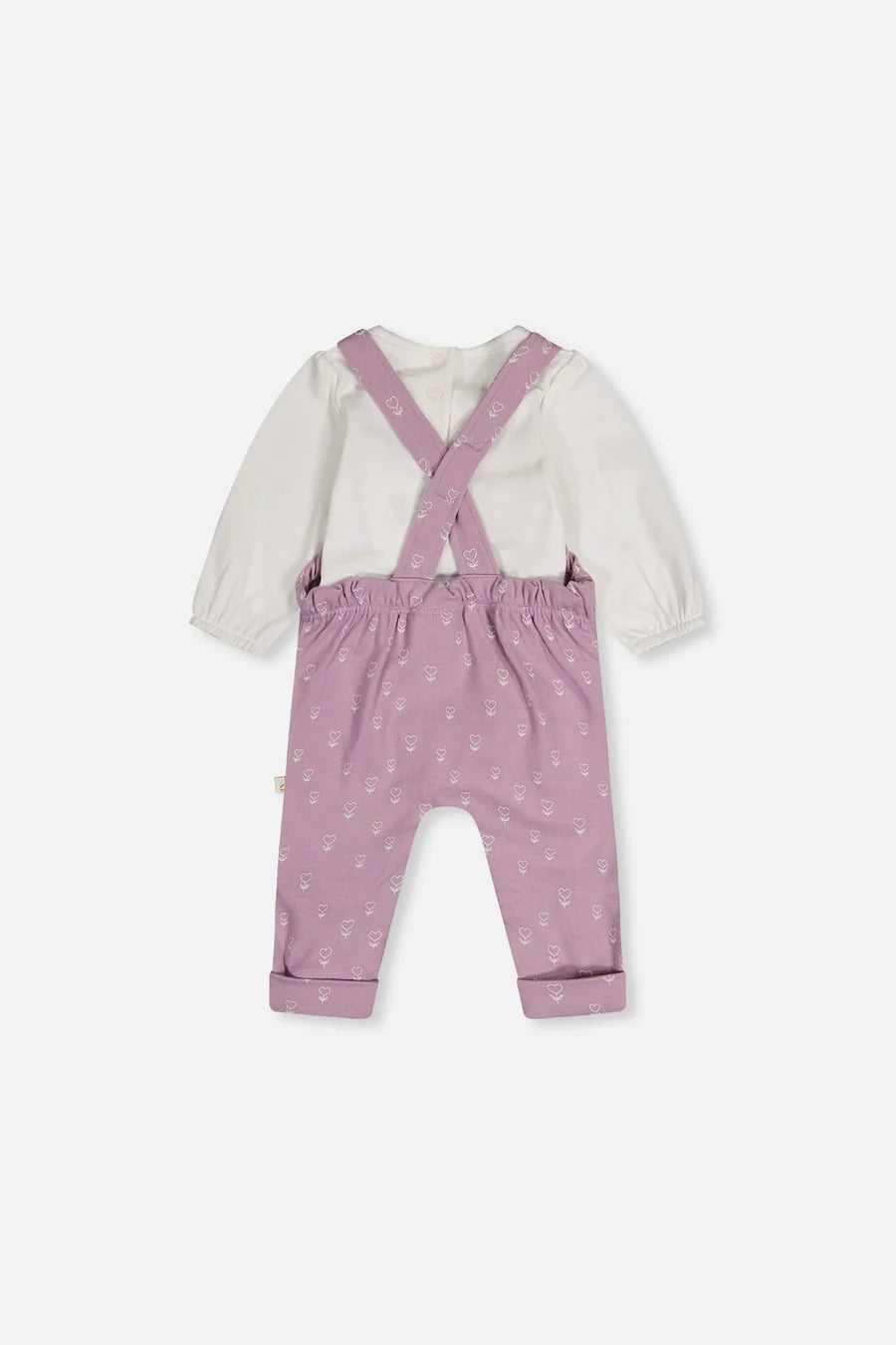Ensemble cache-couche et salopette violet imprimé fleurs en coton biologique