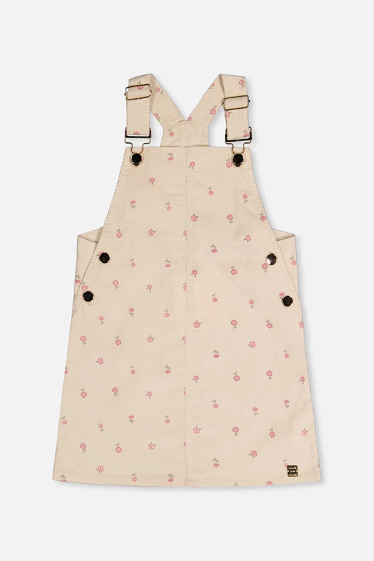 Robe salopette en velours côtelé beige imprimé fleurs