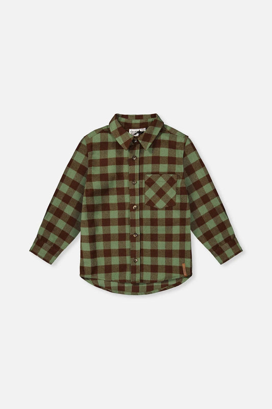 Chemise en flanelle brossée carreaux vert et brun