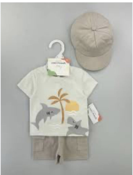 Ensemble pour bébé trois  pièces blanc cassé et beige/taupe,  t-shirt imprimé requins palmier et soleil