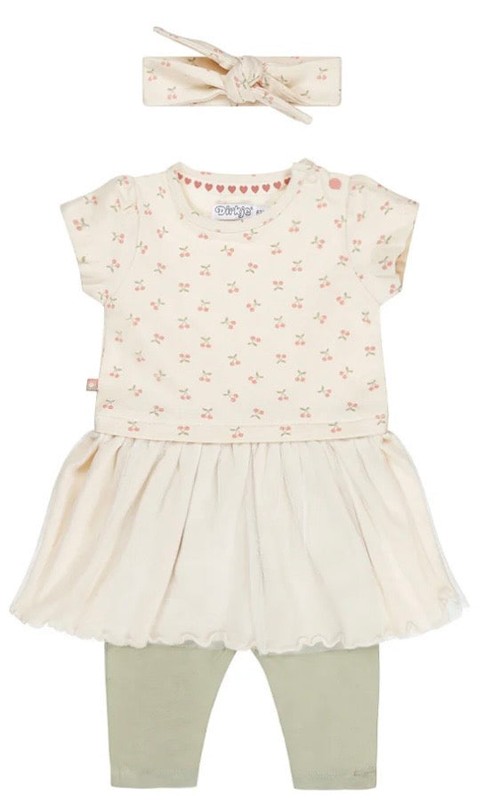 Ensemble Robe/tunique blanc cassé imprimé cerises avec leggin vert sauge