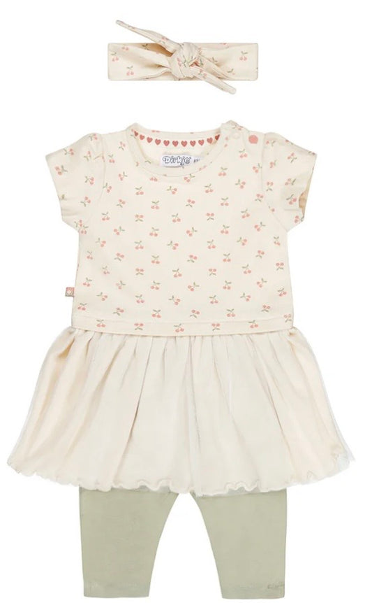 Ensemble Robe/tunique blanc cassé imprimé cerises avec leggin vert sauge