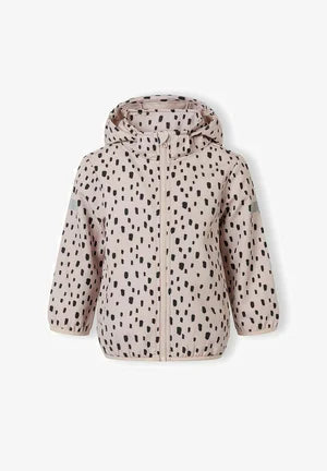 Veste mi-saison, imprimé à pois noirs sur fond taupe ou vieux rose.