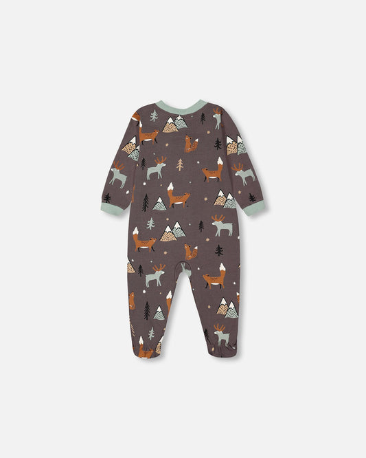 Pyjama une pièce en coton biologique gris foncé avec imprimé renards