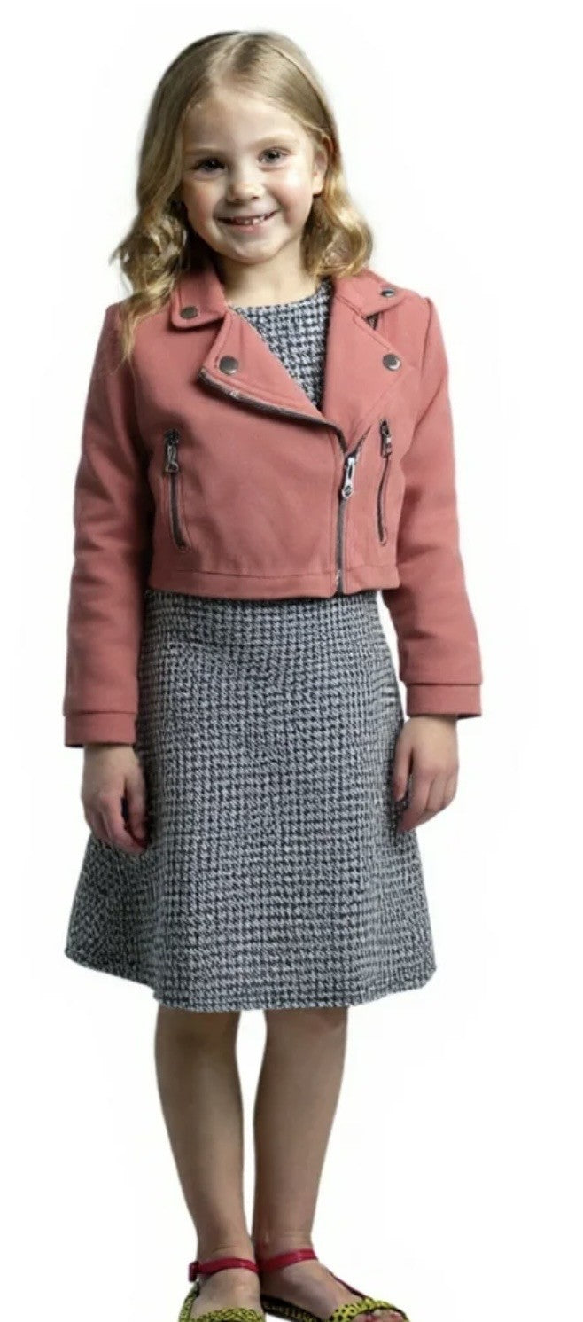Ensemble 2 morceaux- Robe manche longue pied de poule avec veste courte vieux rose style denim