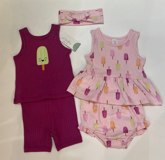 Kit de 2 ensembles Fille, comprend 5 morceaux, un kit thème des friandises glacées avec bandeau assortie et un kit fuchsia côtelé avec un popsicle  souriant