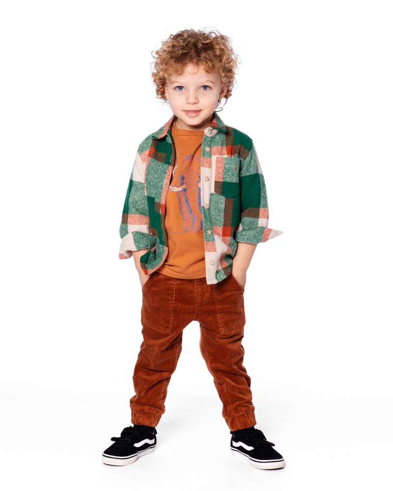 Chemise à carreaux en fils teints à manches longues vert, orange et blanc cassé