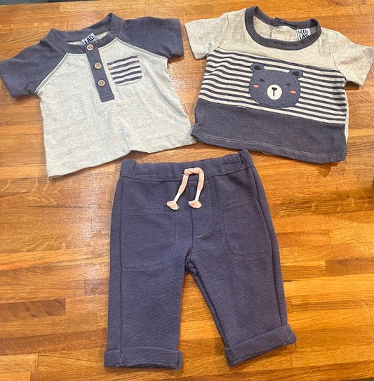 Ensemble 3 morceaux, 2 chandails manche courte et 1 pantalon (marine/gris)