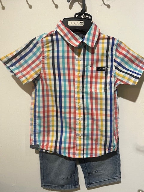 Ensemble 2 mcx chemise a carreaux multi-couleur avec short en denim extensible bleu