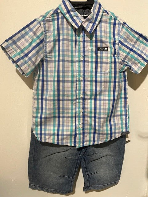 Ensemble 2 mcx chemise à carreaux bleu et turquoise avec short en denim extensible