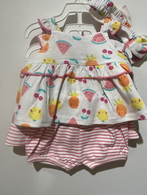 ensemble 5 mcx 2 top robe, 2 bloomer, 1 bandeau (lignés et fruits)