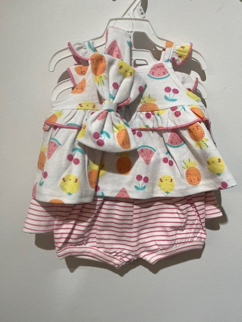 ensemble 5 mcx 2 top robe, 2 bloomer, 1 bandeau (lignés et fruits)