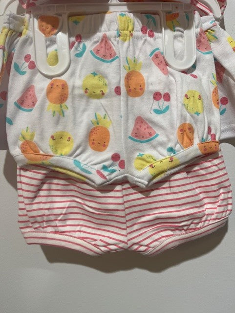 ensemble 5 mcx 2 top robe, 2 bloomer, 1 bandeau (lignés et fruits)