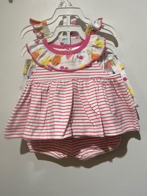 ensemble 5 mcx 2 top robe, 2 bloomer, 1 bandeau (lignés et fruits)