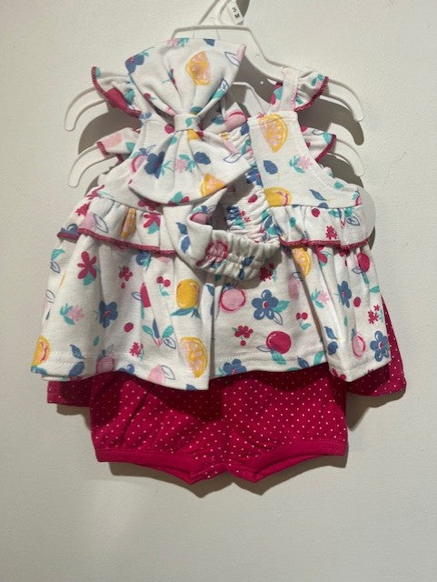 ensemble 5 mcx 2 top robe, 2 bloomer, 1 bandeau (fuchsia picotés blanc avec fruits et fleurs)